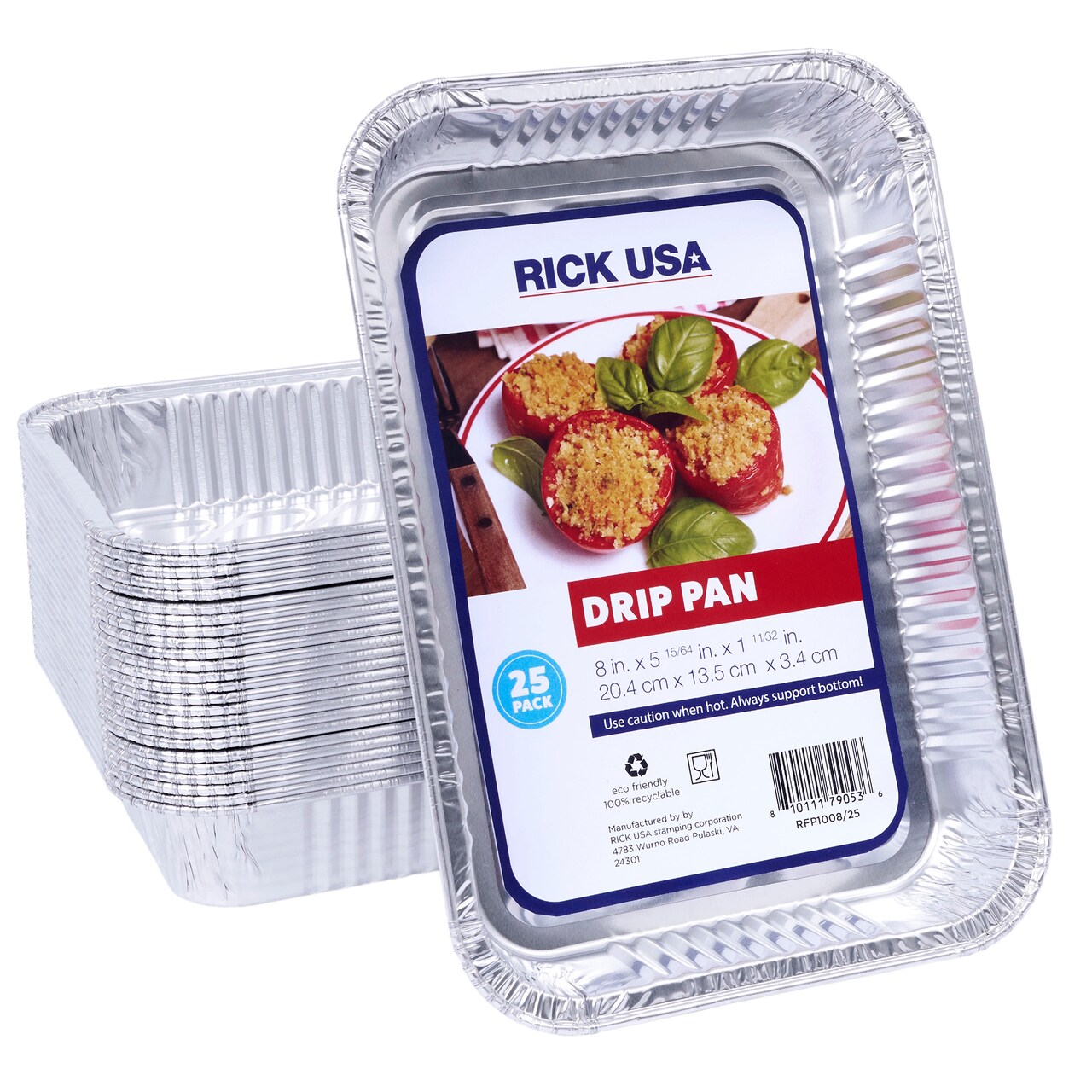 RICK USA: 8x5" Drip Pan - 25 Pack - Disposable Aluminum Foil, Multi-Purpose Baking & Cooking, Durable, Grill-Oven-Freezer-Dishwasher Safe, Recyclable